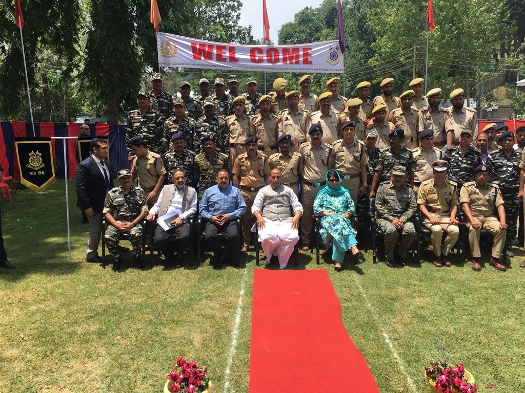 Union Home Minister Rajnath Singh with Jammu and Kashmir policemen at District Police Lines in Kupwara, Jammu and Kashmir