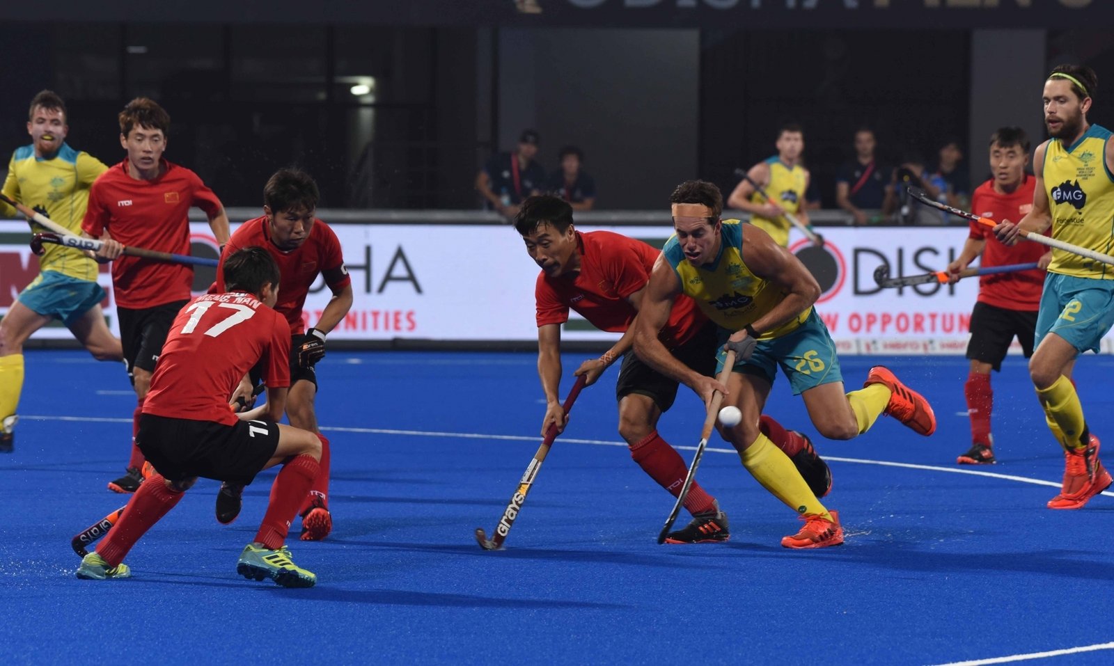 Bhubaneswar: Players in action during a Men's Hockey World Cup 2018 between Australia and China at Kalinga Stadium in Bhubaneswar on Dec 7, 2018. (Photo: IANS) Australia hammer China 11-0 in Hockey WC