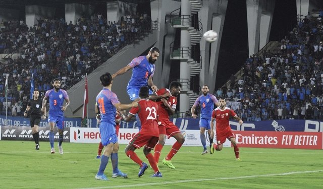 Players in action during 2022 FIFA World Cup Qualifier match between India and Oman at the Indira Gandhi Athletic Stadium in Guwahati on Sep 5, 2019. India go down fighting against Oman in WC qualifier