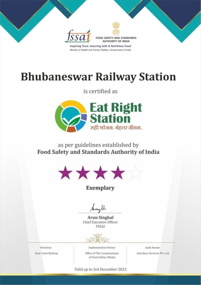 Bhubaneswar Railway Station Certified As “EAT RIGHT STATION” BY FSSAI